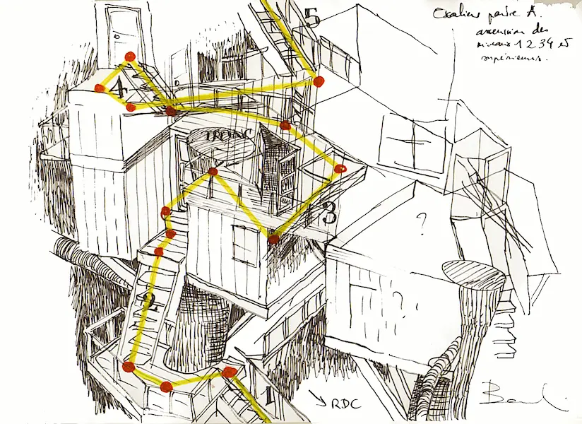 Dessins et plans pour des cabanes dans des bonsaïs.